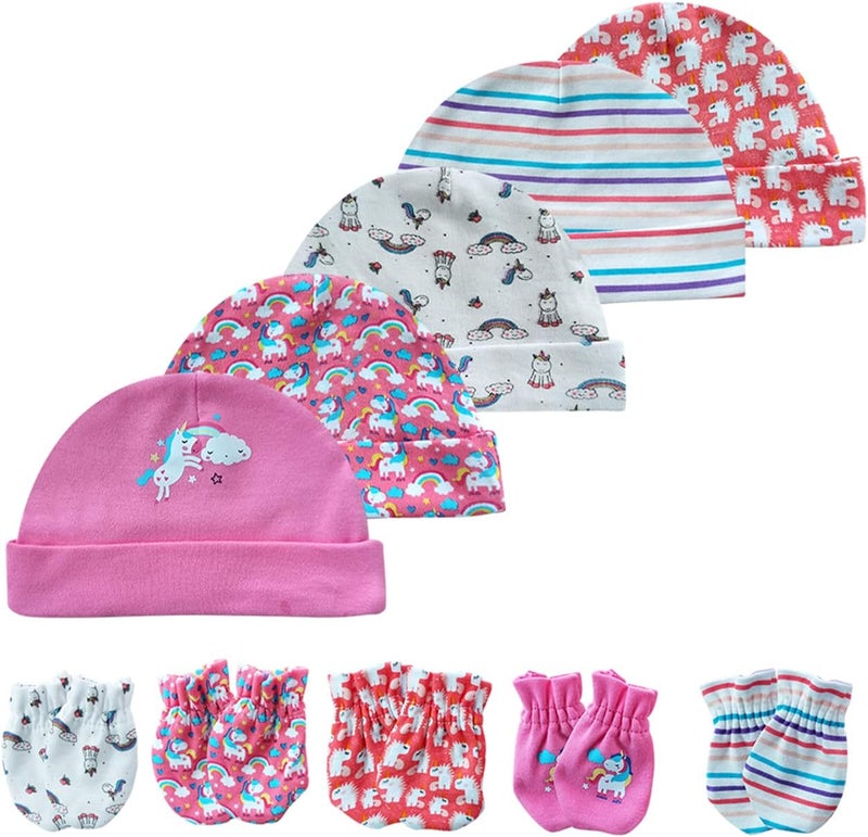 MAMIMAKA Baby Hat and Mittens Set Newborn Baby Hats Caps for Baby Boys Girls 0-6 Months 100% Cotton - Image 1